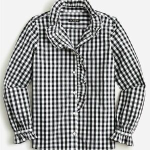 J. Crew Black and White Gingham Ruffle-Front Blouse